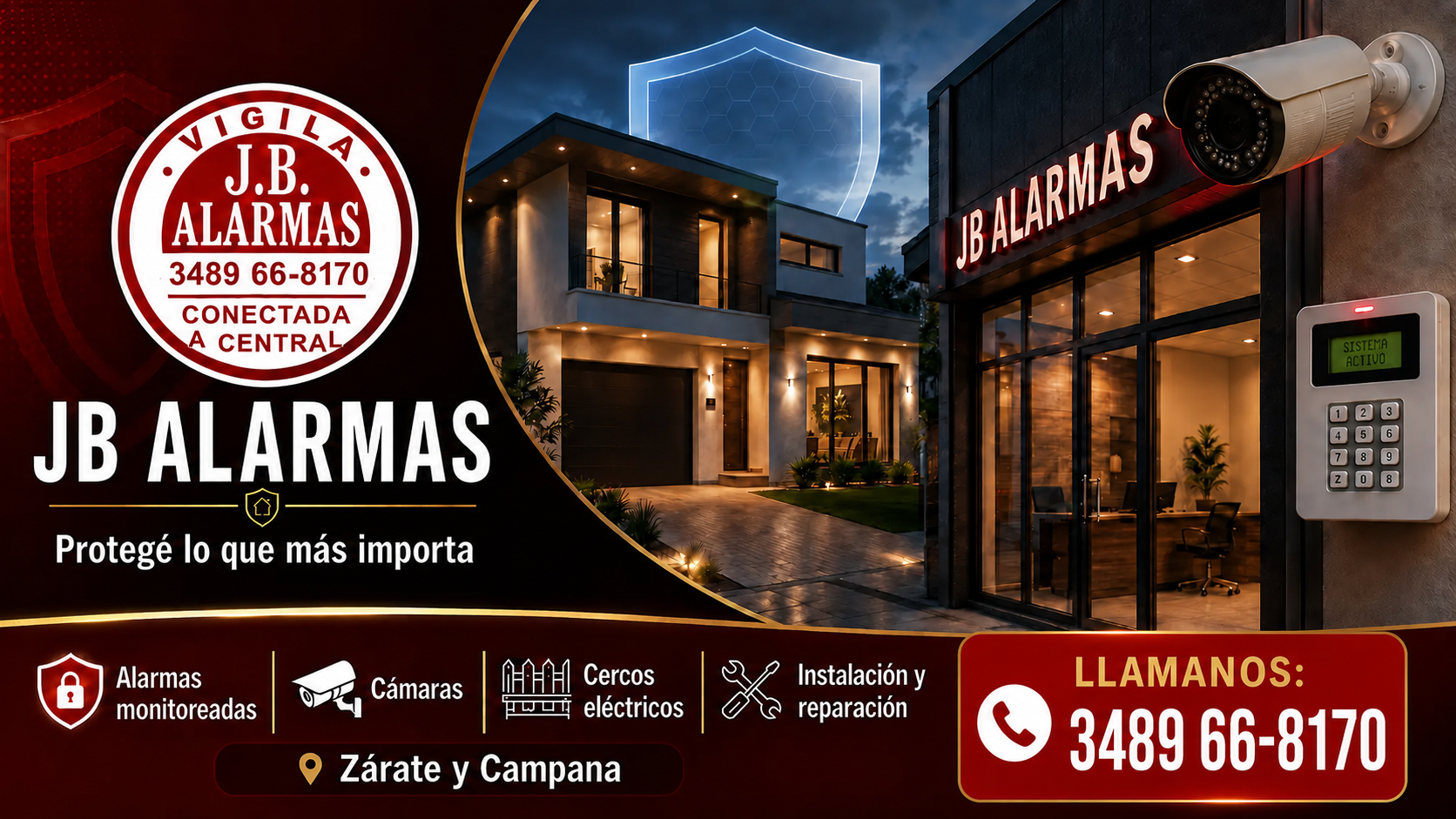 JB Alarmas Zárate y Campana: alarmas monitoreadas, cámaras y seguridad. Teléfono 3489 66-8170